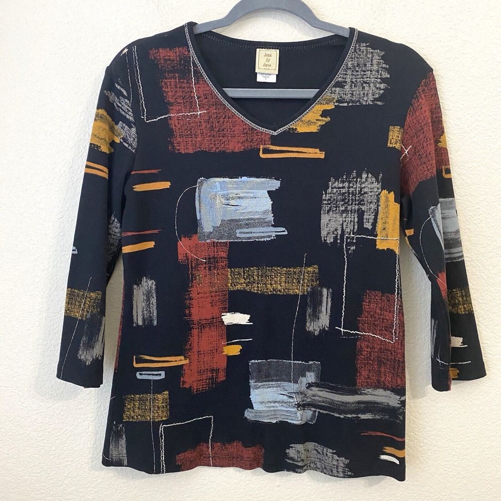 Jess and Jane Top Womens Small Geometric Print Stretch Vneck 3/4 Sleeve